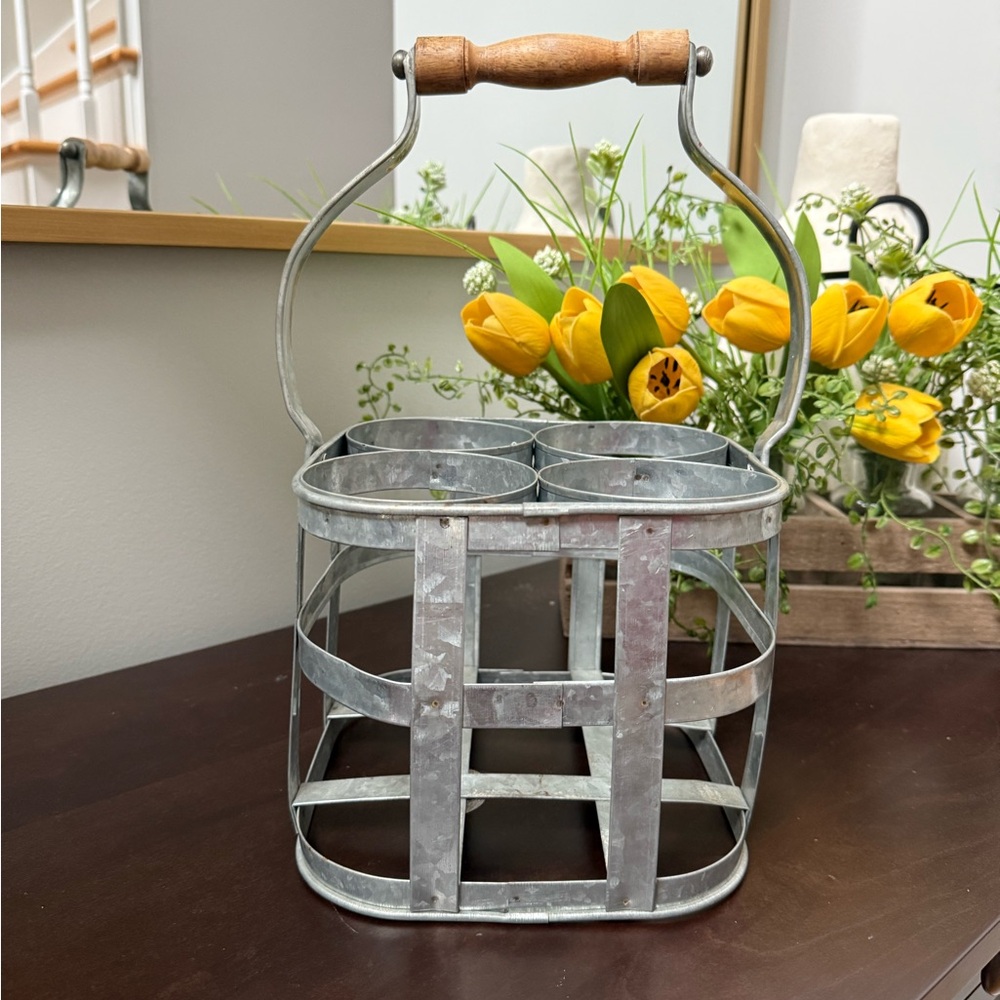 Vintage Rustic Metal bottle holder with wood handle